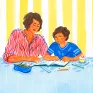 Illustration : une mère aidant son enfant à faire ses devoirs 